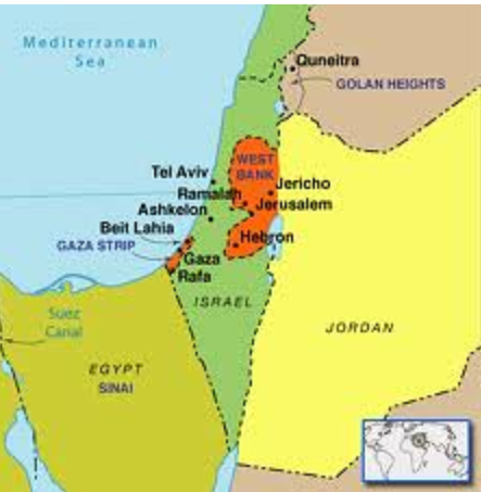 Current map of the land owned by Israel (light green) and the Palestinian Territories (orange). 